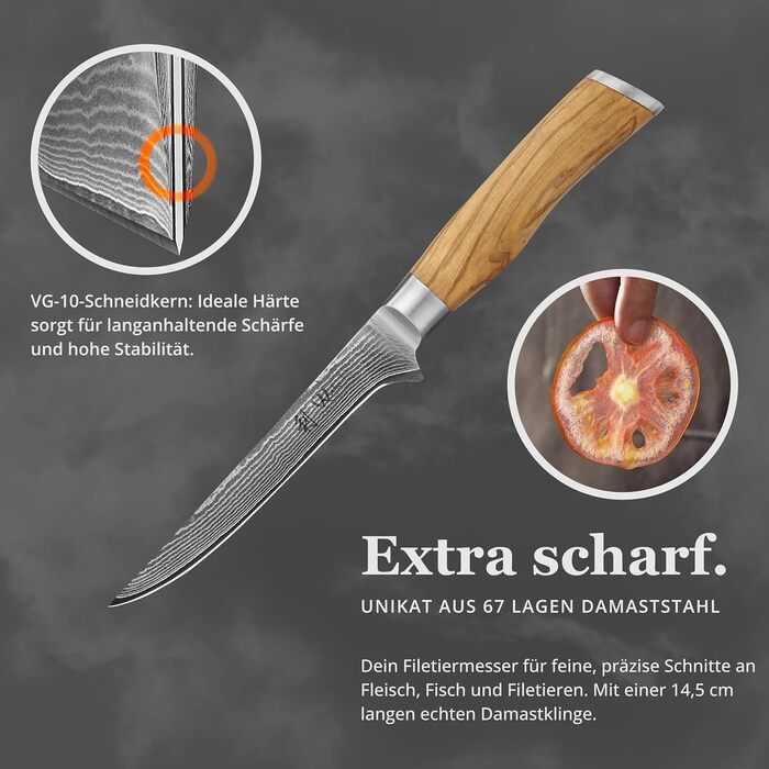 Ніж кухарський Wakoli з дамаської сталі (серцевина VG10) з 20 см лезом – гострий та збалансований – ніж з ручкою з оливкового дерева в подарунковій коробці – ніж кухарський з дамаської сталі для професійних та аматорських кухарів (ніж для обробки м'яса)