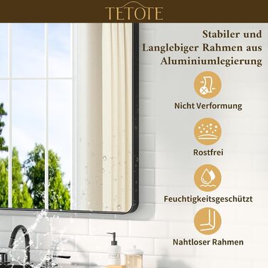 Дзеркало для ванної кімнати TETOTE 40x50 см, чорне, прямокутне, з металевим каркасом, з круглими кутами, для раковини, з загартованого скла