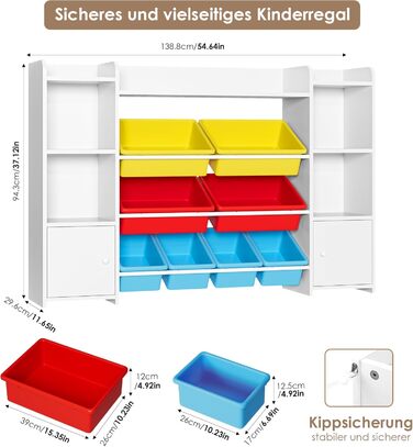 FOREHILL Регульована полиця для іграшок з 8 ящиками, дитячий шафчик, книжкова полиця для дітей, органайзер для іграшок, меблі для дитячої кімнати з іграшковою коробкою, 138,8 x 94,3 x 29,6 см, білий (білий з червоним)