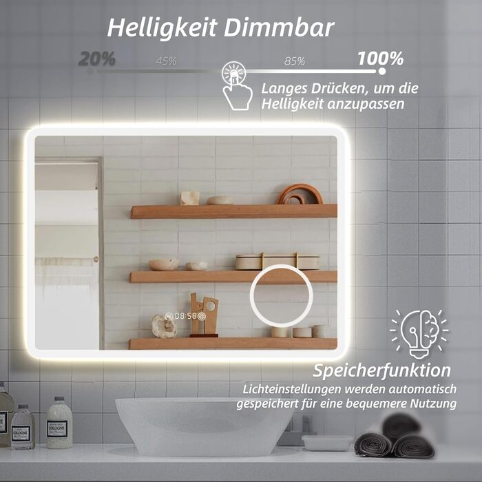 Дзеркало для ванної кімнати HySail з підсвічуванням, 5 мм, високоякісний срібний дзеркало, 3 колірні температури та регульована яскравість, настінне дзеркало з сенсорним перемикачем та антизапарюючим покриттям, прямокутне, 100 x 60 см