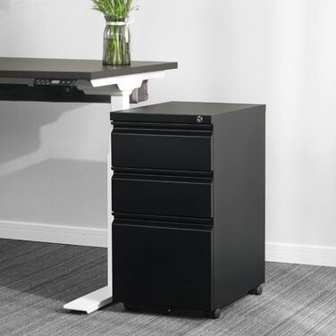 Роликовий контейнер DeHong з металу, мобільний офісний шафка з 3 висувними ящиками, офісний контейнер, з можливістю замка та регульованими паперовими відсіками, збірно-розбірний, для офісу, дому (J-чорний)