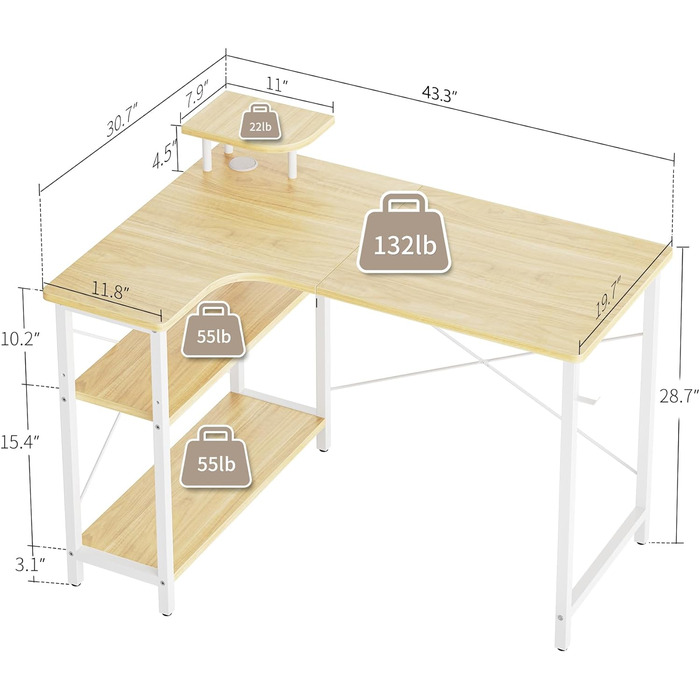 Комп'ютерний стіл CubiCubi з відділеннями для зберігання, письмовий стіл Невеликий L-подібний кутовий стіл з полицями (натуральний колір ліворуч, 110 x 78 см) 110 X 78 см Натуральний колір ліворуч
