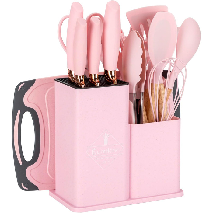 Набір кухонних ножів EliteHoff 19 предметів: 5 ножів, 12 аксесуарів, дошка та підставка – з нержавіючої сталі, з дерев'яними ручками, безпечний, для кухні, чорний (E-6072)