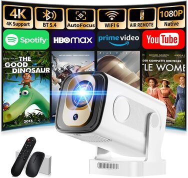 Портативний проєктор Mini Beamer 4K Full HD 1080P з Wi-Fi 6 та Bluetooth 5.2 (270° оберт, автоматична корекція трапеції, HDMI, USB, для ноутбука, білий) NT10-White