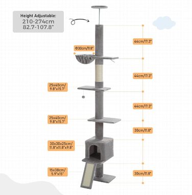 Кігтеточка PAWZ з регулюванням висоти дороги (216-273 см) з гамаком, котячою печерою, ременем проти падіння, сірий