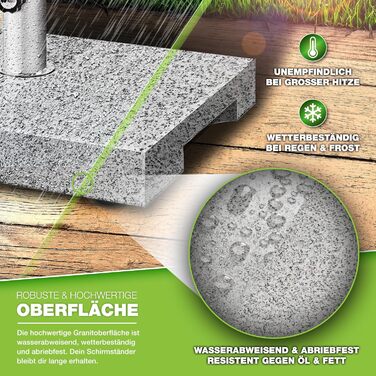 Підставка для парасольки Tillvex® Granit на колесах з ручкою для перенесення, 27 кг | Підставка для парасольки з нержавіючою сталею | Підставка для парасольки на балкон, діаметр 250 см, для стійок 16-48 мм (Прямокутна, сіра)