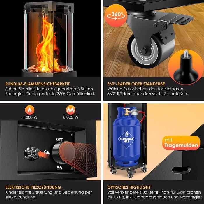 Газовий обігрівач KESSER® 4/8 кВт з п'єзозапалюванням, регулятором тиску газу та захисним кожухом. 360° поворот, захист від перекидання. Підходить для тераси, вулиці, кемпінгу. Чорний колір.