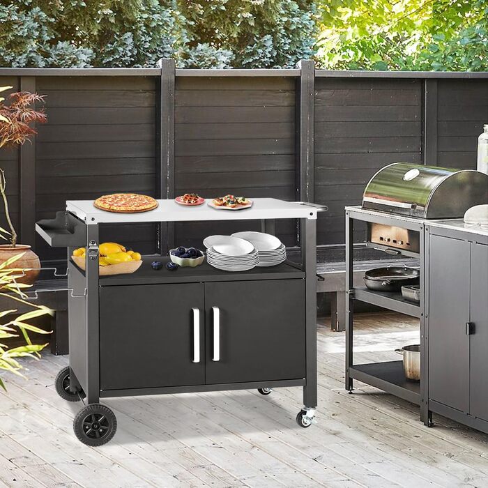 Набір для гриля з великою робочою поверхнею | Гриль-стіл, вуличний гриль-тролей, стіл з нержавіючої сталі для саду, срібно-чорний 112*59*82см