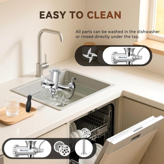 М'ясорубка ручна Hanchen з нержавіючої сталі з присоскою, насадкою для ковбас та 2 дисками, посудомийна, для м'яса та овочів