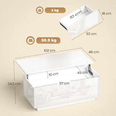 Журнальний столик з регульованою висотою, сучасний столик для вітальні з прихованою системою зберігання та 2 висувними ящиками, глянцевий білий