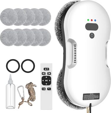 Робот для миття вікон з автоматичним струменем води, 5600 Па, автоматичний мийник вікон, інтелектуальна навігація, пульт дистанційного керування, для гладких поверхонь, з 10 ганчірками для миття (E 2800pa)