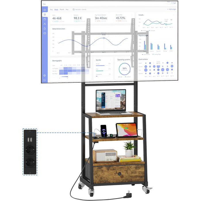 Тумба для телевізора на колесах з ящиком, для телевізорів 32-75 дюймів, регульована, з розеткою, коричнева, 140 см