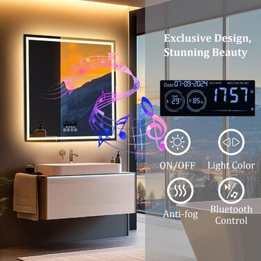 Дзеркало для ванної кімнати LUVODI LED з підсвічуванням, 40x50 см, водонепроникне, сенсорне управління, 3 колірні температури, регулювання яскравості, антизапарник, Bluetooth, заднє та переднє освітлення