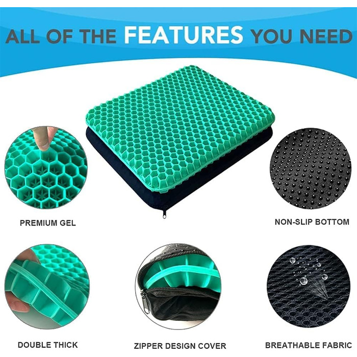 Ортопедична гелева подушка на стілець для офісу, авто та інвалідних візків, м'яка з антиковзаючим чохлом (Зелений, 43x39x4 см)