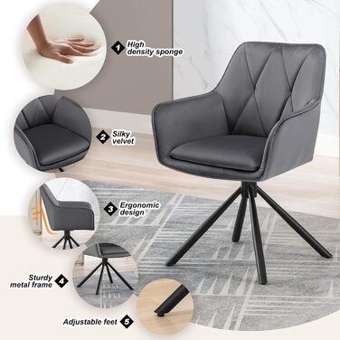 Набір обідніх стільців Lestarain 4 шт., поворотні, для кухні, спальні, вітальні, м'які з підлокітниками та спинкою, металеві ніжки, оксамит, темно-сірий