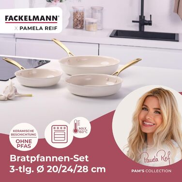 Набір сковорідок Fackelmann x Pamela Reif 3 шт. (20, 24, 28 см) – з переробленого алюмінію, бежевий, керамічне покриття без PFAS, стійке до 160°C, для всіх типів плит