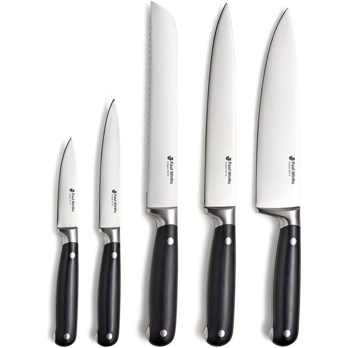 Набір ножів Paul Wirths Eclipse, 5 предметів: ніж для хліба, ніж кухарський, ніж для шинки, ніж універсальний, ніж для очищення | Чорний | Надзвичайно гостре лезо | 37 x 23,5 x 9,5 см