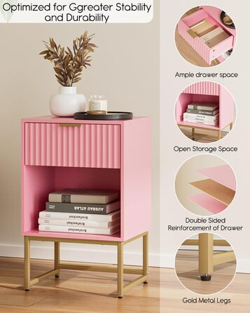 Приліжкова тумбочка з відкритим відсіком, журнальний столик для вітальні та спальні (горіх), 40 x 30 x 60 см, рожеве фетрове покриття