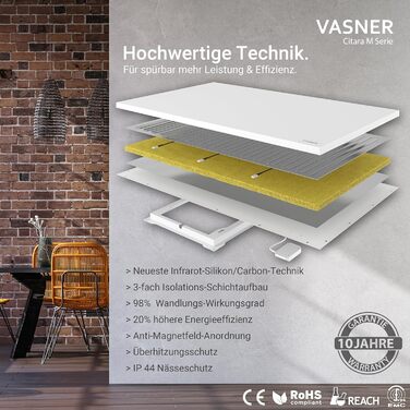 Інфрачервоний обігрівач VASNER Citara M Інфрачервоний електричний обігрівач Металевий білий настінний обігрівач Стельове опалення IP44 Захист Панель для ванної кімнати Внутрішня 10 років гарантії (700 Вт)