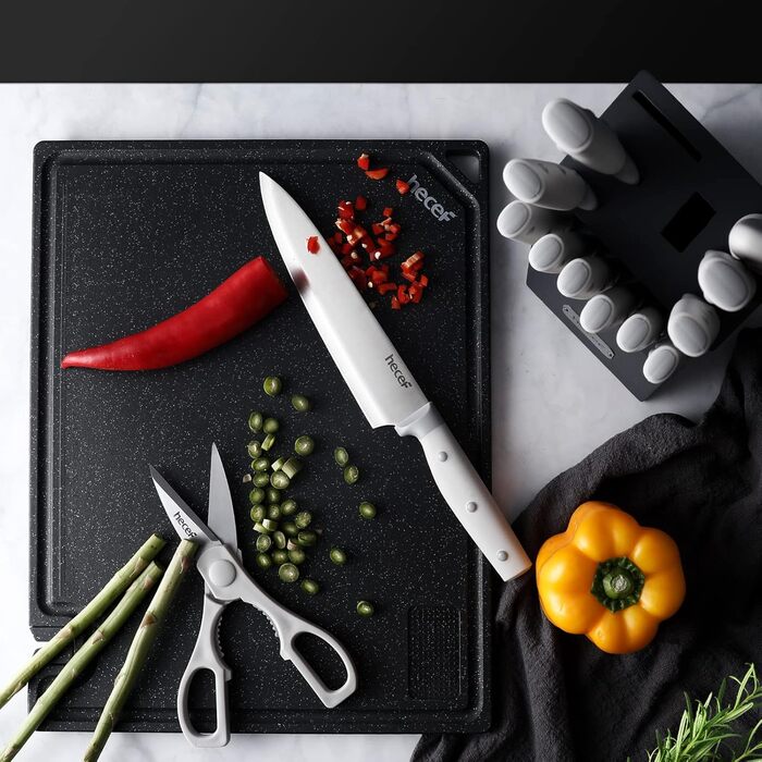 Набір ножів Hecef 14 предметів з дерев'яним блоком, професійний набір кухонних ножів з нержавіючої сталі, з шліфувальником, ножицями та ножем для стейка (сірий)