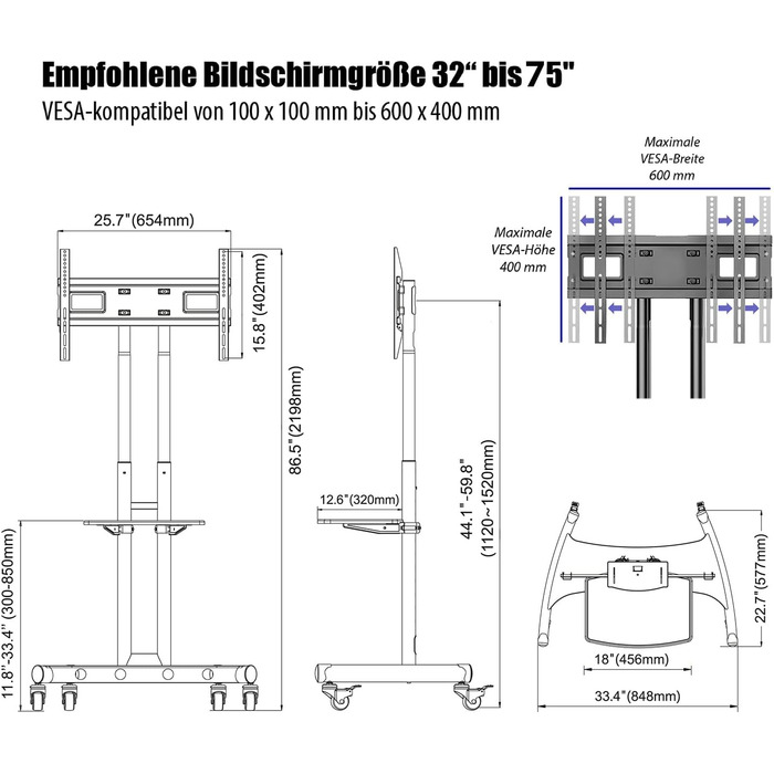 Підставка для телевізора Invision на колесах для екранів 32-75 дюймів, мобільна, регульована по висоті, до 45.5 кг, VESA 600x400, GT1200 ScreenStation