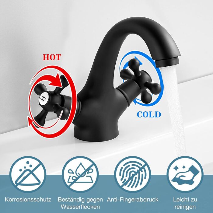 Чорний змішувач для ванної кімнати/умивальника з латуні, ретро стиль, 2-вентильний, G3/8