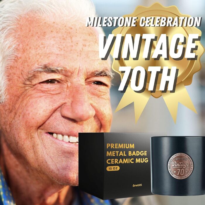 Подарунки на 70-й день народження Onebttl, Vintage 70, Витриманий до досконалості, 70 років, для батька, дідуся, тата, дядька, керамічна кружка 400 мл, чорна, 60 символів
