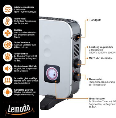 Мобільний електричний обігрівач LEMODO - енергозберігаючий конвекторний обігрівач - електричний обігрівач з 3 рівнями потужності - обігрівач без газу - надійний електричний радіатор (750 Вт / 1 250 Вт / 2 000 Вт) З таймером і турбо