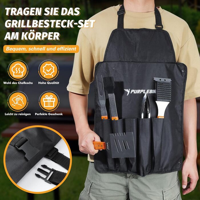 Набір гриль-посуду PURPLEBIRD 5 предметів: професійний набір інструментів з нержавіючої сталі, з чохлом-фартухом та дерев'яними ручками. Ідеально для BBQ, тепаньякі, подарунок для чоловіків.