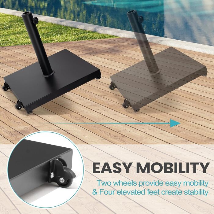 Підставка для парасольки на терасу, 18,1 кг, міцна квадратна підставка з бетону, стійка для парасольки з текового дерева (з колесами), чорна (з колесами)