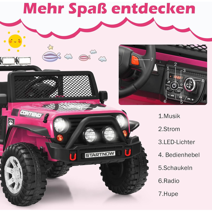 Дитячий електромобіль COSTWAY 12V, музика, USB, MP3, радіо, 3 швидкості, дистанційне керування, рожевий, для дітей від 3 років