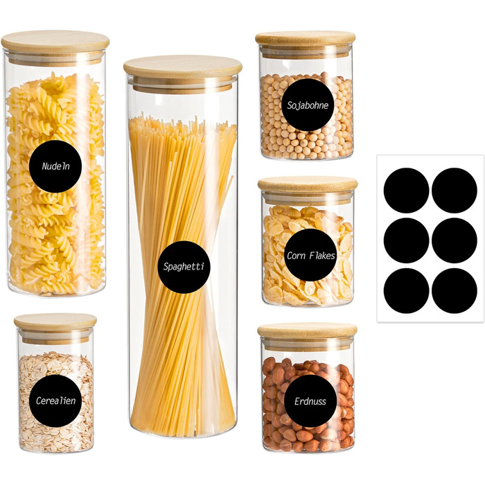 Набір скляних банок Ribelli 6 шт. - 300 мл (3 шт.), 500 мл, 1000 мл, 2100 мл - Герметичні баночки для спецій для макаронів, спагеті, мюслі, квасолі - Можна мити в посудомийній машині