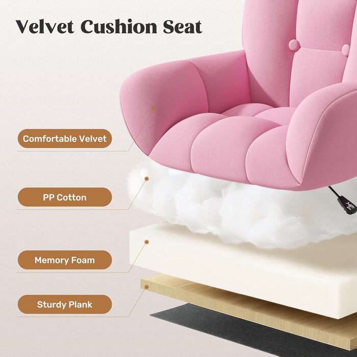 Крісло для дому та макіяжу 2-в-1, ергономічне, обертове на 360°, регульоване по висоті, для робочого кабінету або спальні (без подушки, Рожеве)