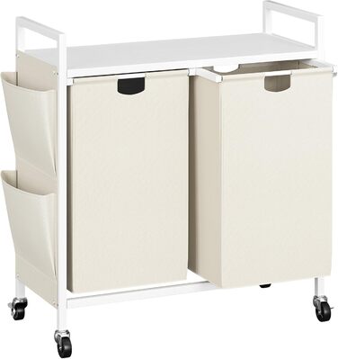 WOWLIVE Подвійний кошик для білизни з кришкою, на колесах, з металу, сортувальник білизни з верхньою полицею та 2 знімними мішками, велике зберігання одягу для кімнати (110л, білий/оптичний сад)