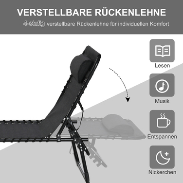 Шезлонг, розкладний, з дихаючою оббивкою, металевий каркас, 197 x 58 x 76 см, чорний