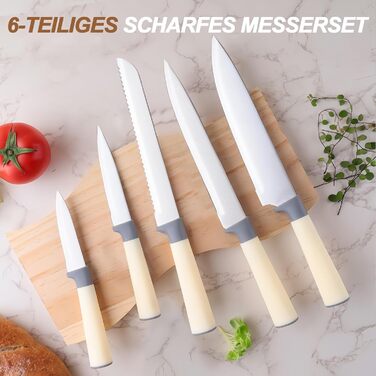 Набір кухонних ножів 7 предметів з бруском Messerblock, нержавіюча сталь, для кухні, подрібнення м'яса та овочів (Бежевий, Сірий)