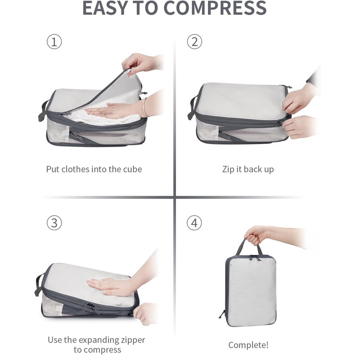 Набір органайзерів для валізи ECOHUB (6 шт), компресійні дорожні сумки-кубики з переробленої сітчастої тканини для рюкзака та ручної поклажі, сірий колір