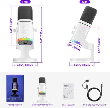 Мікрофон Facmogu для подкастів та стрімінгу, USB/XLR, з RGB-підсвічуванням та регулюванням гучності, білий