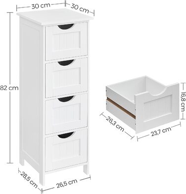Шафка для ванної кімнати VASAGLE з 4 висувними ящиками, 30 x 30 x 82 см, білий колір, для ванної, вітальні, кухні