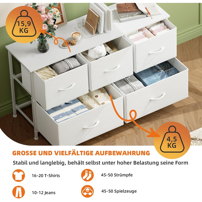 Тумбочка з шухлядами Somdot, тканинна тумбочка, біла тумбочка для спальні, вітальні, прихожої, 5 шухляд, 30x100x52.5 см