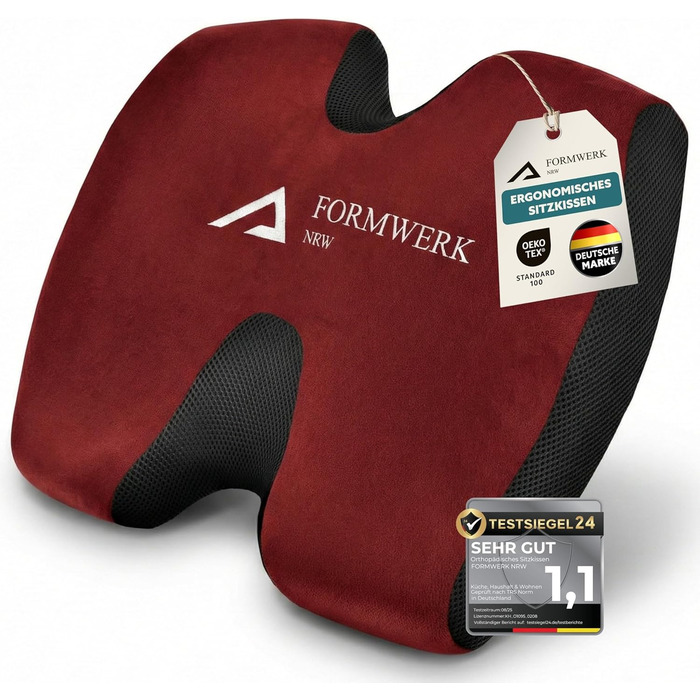 Ортопедична подушка для сидіння - преміум ергономічна подушка для офісу та авто з 3D Memory Foam - OEKO-TEX-100 (60-100 кг) (Червона)
