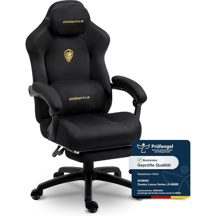 Ігровий крісло Dowinx з масажною поперековою подушкою, регульованою підголівником, потовщеним сидінням, висувною підніжкою, регульованими підлокітниками, мікрофібровим велюром, нахилом 160°, чорне