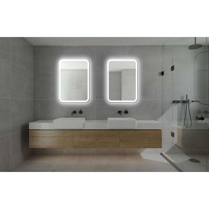 Дзеркало для ванної кімнати LED 50x70 см з підсвічуванням та сенсорним вимикачем, округлені кути, прямокутна форма