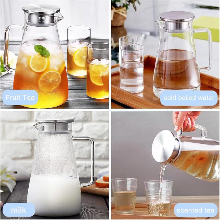 Скляний глечик Nutabevrd 2.3 л з нержавіючою кришкою, фільтром та ручками. Підходить для води, кави, молока, соку, вина та інших напоїв. Легко миється.
