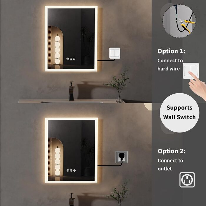 Дзеркало для ванної кімнати LED LUVODI 40x50 см з підсвічуванням, сенсорне керування, 3 кольори, регулювання яскравості, антизапарник