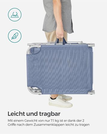 Лежак для відпочинку SONGMICS, розкладний, 193 x 53 x 29 см, до 150 кг, з підголовником, регульована спинка, для саду, басейну, тераси (Блакитний)