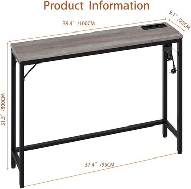 Консольний столик з розеткою & USB, 100x23x80 см, вінтажний коричнево-чорний, для передпокою/вітальні