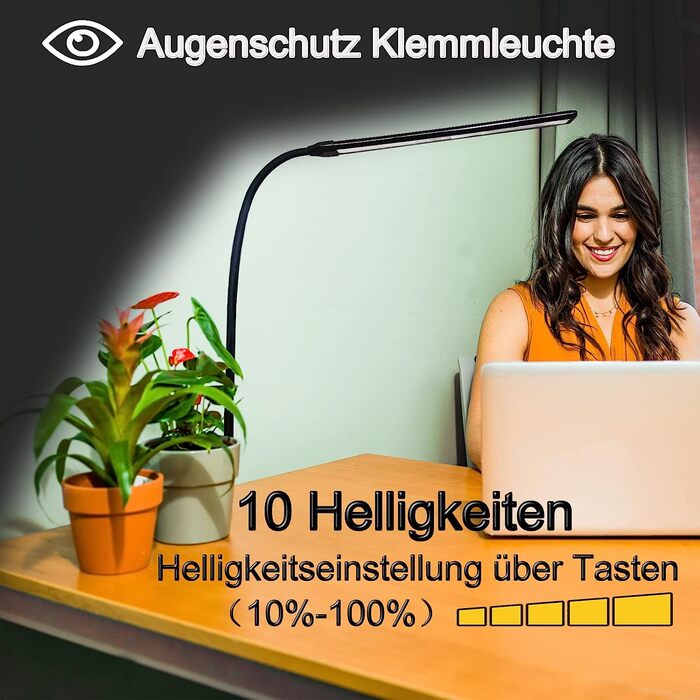 Настільна лампасвітлодіодна настільна лампа, 29,5-дюймова лампа з поворотним кронштейном, затискна лампа для захисту очей, 3 кольори і 10 рівнів яскравості з регульованою яскравістю USB, приліжкова лампа потужністю 12 Вт для офісу, декорування шкільного п