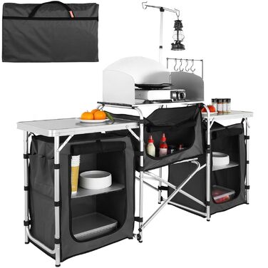 VEVOR Стіл для кемпінгу, розкладний туристичний стіл з місткою сумкою, алюмінієва кухонна станція з 3 шафками та знімним вітрозахистом, швидкий монтаж для пікніків та відпочинку на природі, чорний колір