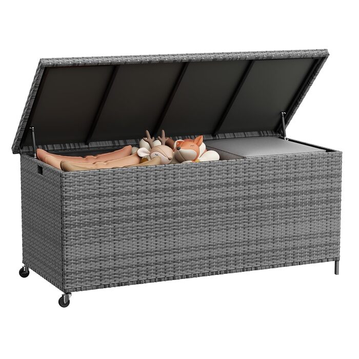 Водонепроникний садовий ящик для зберігання UDPATIO 480л з колесами, сірий 138x61 см | Ящик для подушок, стійкий до УФ-випромінювання та погодних умов для саду, балкону